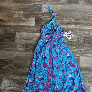 Caroline Constas Criss Cross Halter Maxi Dress Size XL Floral Vacation Tropical